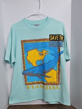 Vintage Delta Light Teal Puffy Save The Whales Florida Single Stitch USA Sz XL